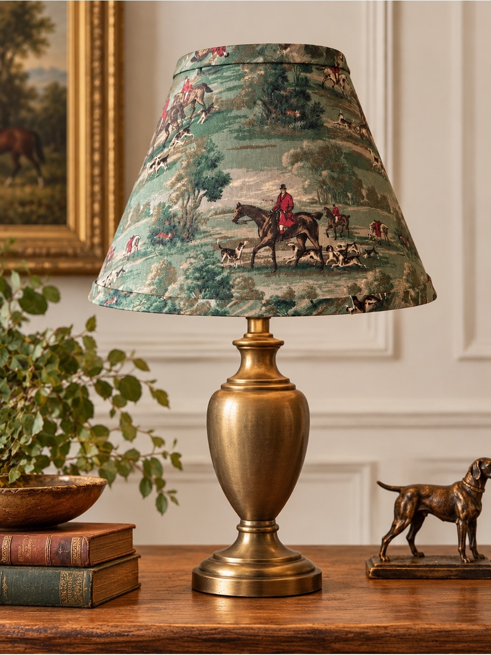 Vintage English Fox Hunt Equestrian Fabric Lampshade 13” Country Estate